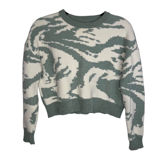 William Rast Abstract Crewneck Chunky Knit Cropped Sweater Green White Womens XS - Picture 1 of 5